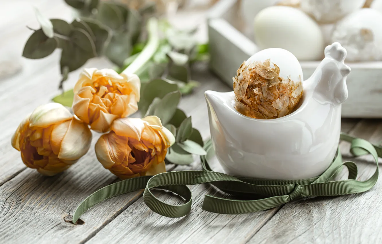 Photo wallpaper leaves, flowers, yellow, holiday, Board, eggs, bouquet, spring