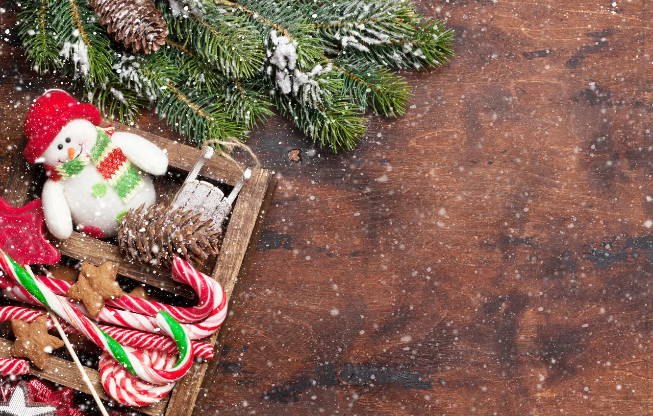 Photo wallpaper snow, decoration, gift, tree, new year, Christmas, Christmas, wood