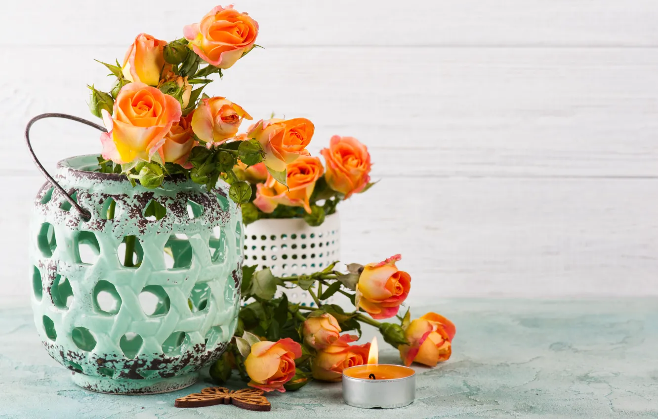 Photo wallpaper orange, roses, bouquet, candles, vase, decor, THE OFF