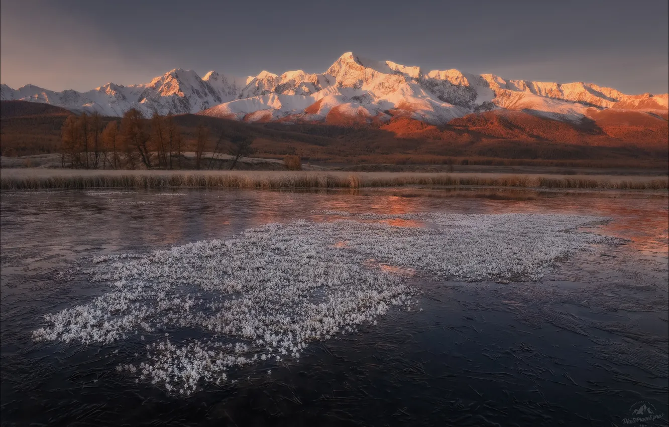 Photo wallpaper winter, snow, trees, mountains, river, Vlad Sokolovsky, Pervoledye
