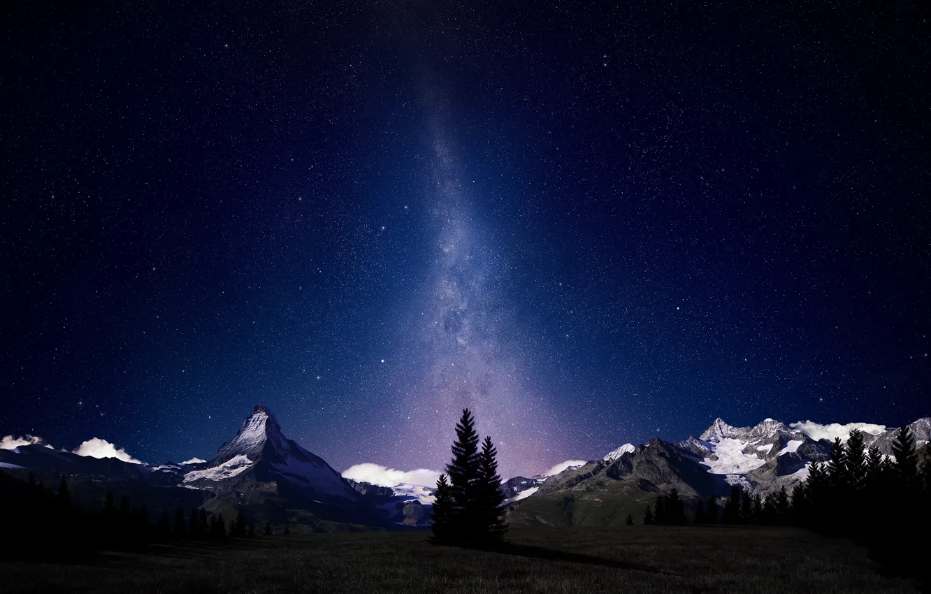 Photo wallpaper forest, stars, mountains, night, Alps, the milky way