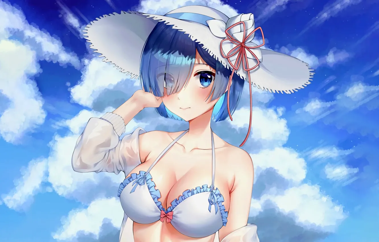 Photo wallpaper girl, sexy, cleavage, sky, boobs, anime, blue eyes, beautiful