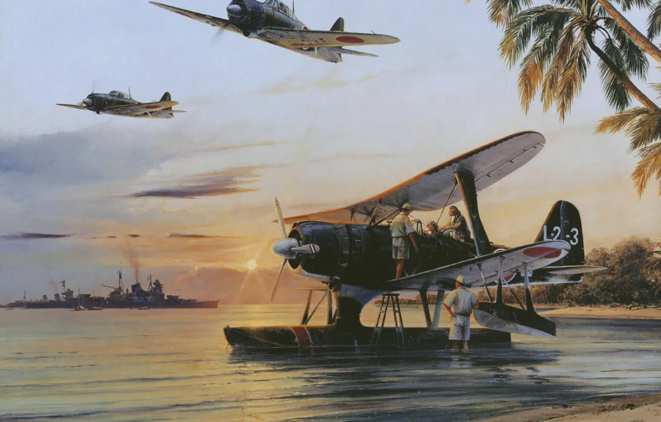 Photo wallpaper the sky, water, the sun, palm trees, shore, ship, art, the plane