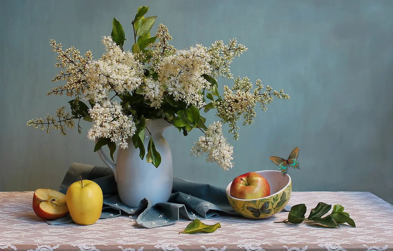 Photo wallpaper white, apples, bouquet, vase, fruit, still life, lilac
