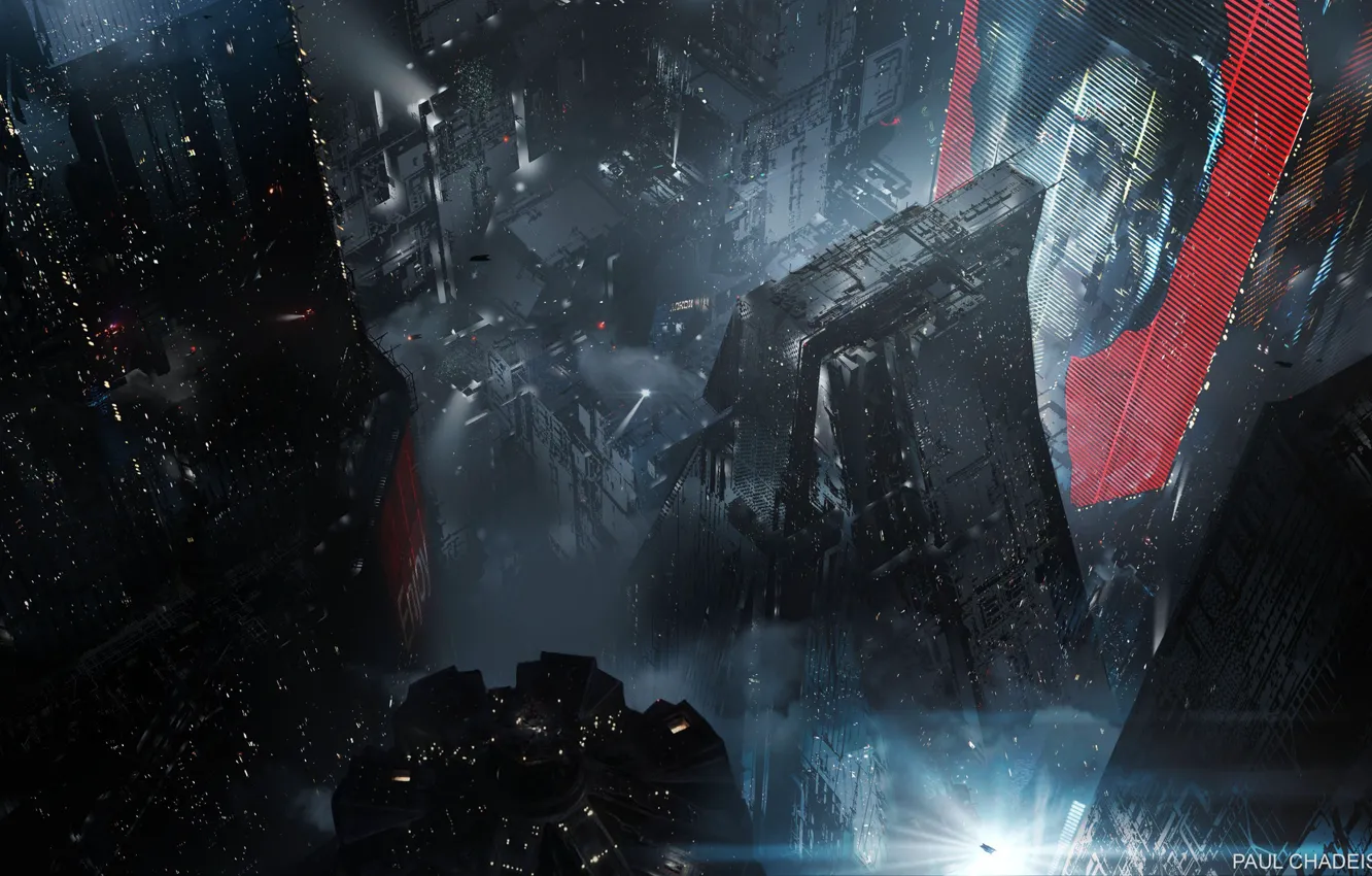 Photo wallpaper construction, skyscrapers, megapolis, Blade Runner 2049, Black Out 2022