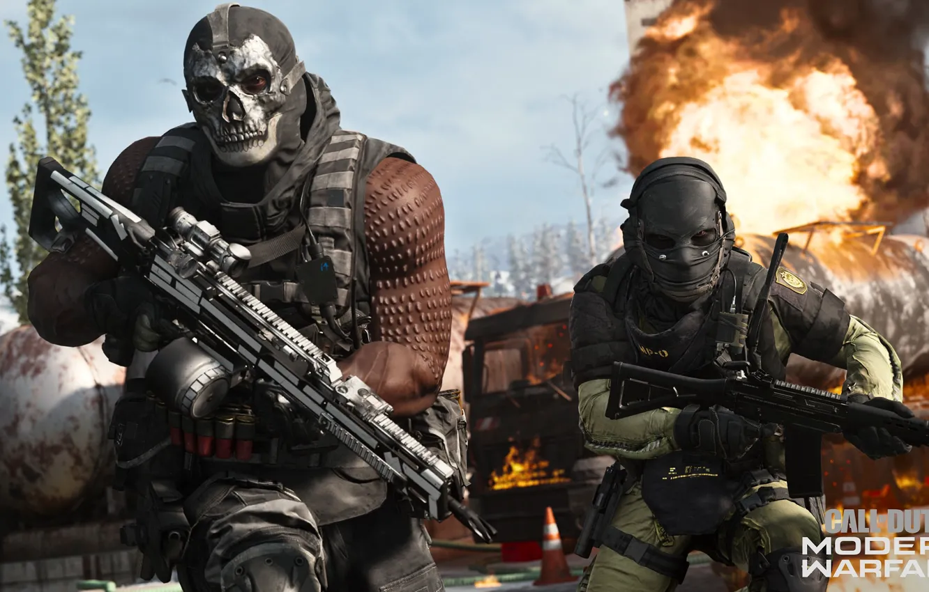 Photo wallpaper weapons, fire, skull, explosions, mask, soldiers, Call of Duty, run