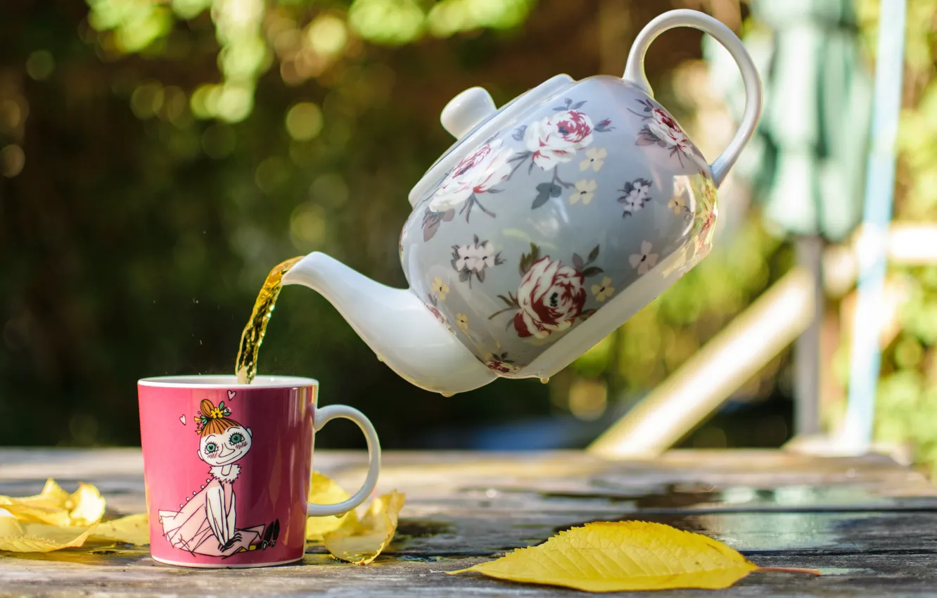 Photo wallpaper autumn, light, nature, table, mood, tea, foliage, figure