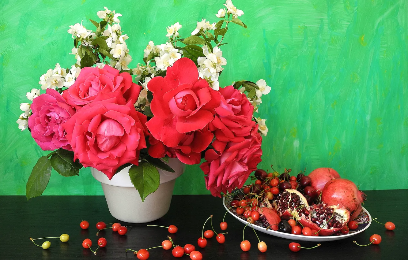 Photo wallpaper cherry, roses, rose, still life, flowers, cherry, garnet