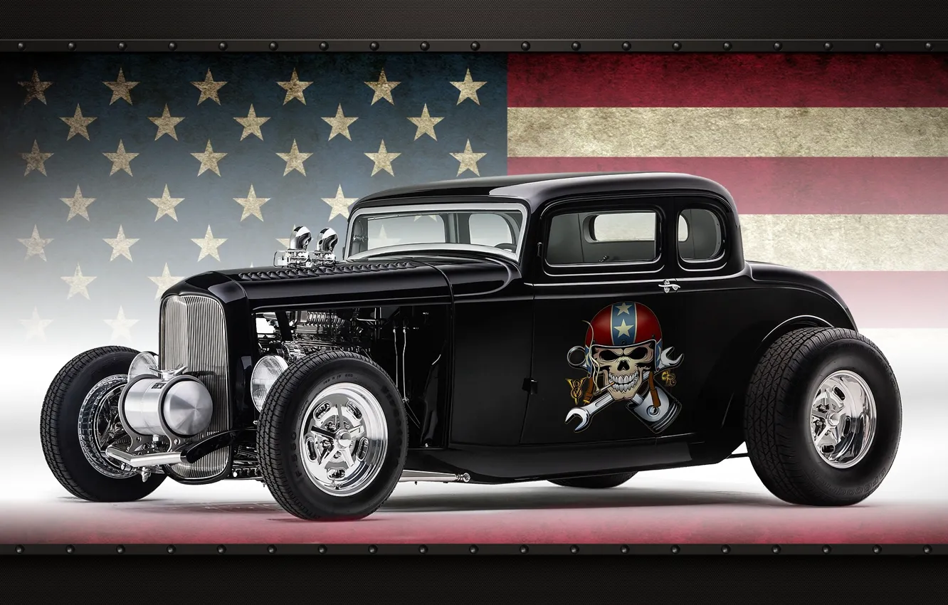 Photo wallpaper car, Ford, sake, star, smoke, usa, american, flag