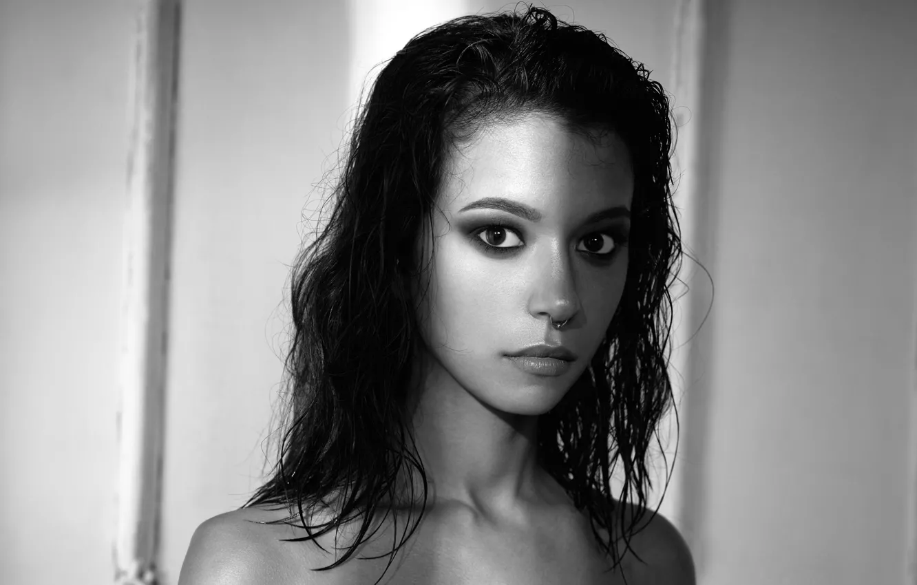 Photo wallpaper look, model, portrait, makeup, piercing, hairstyle, black and white, beauty