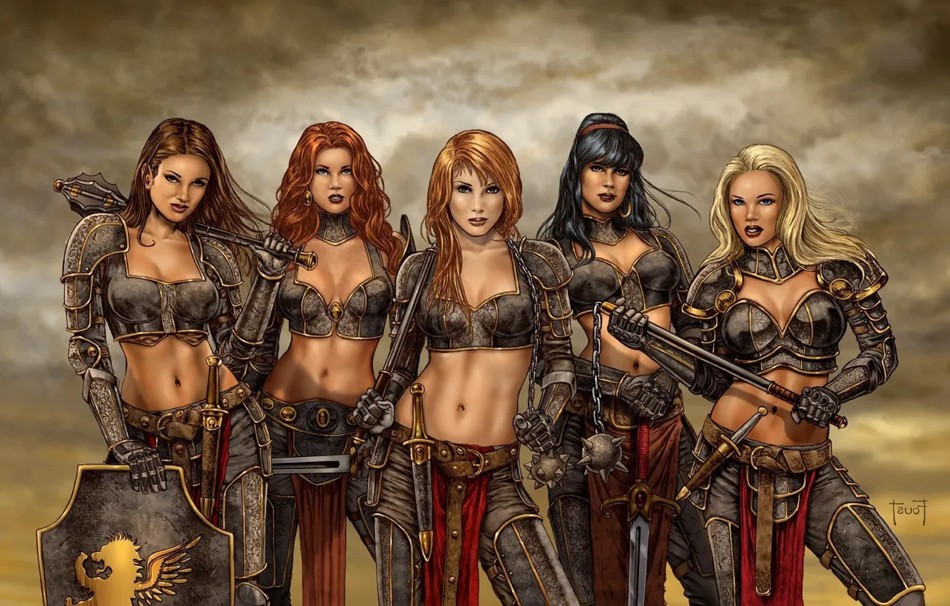 Photo wallpaper red, girl, red hair, weapon, redhead, brunette, blonde, shield