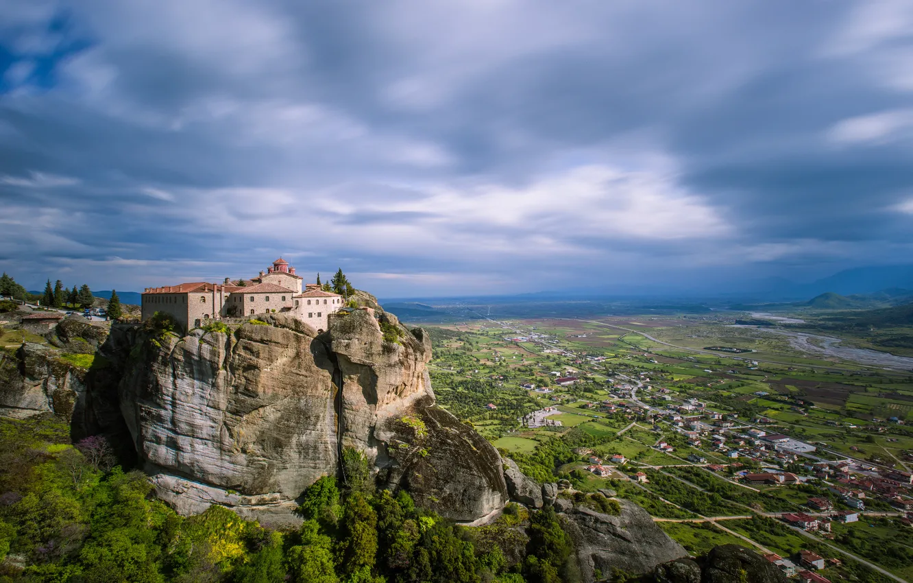 Photo wallpaper mountains, rocks, Greece, valley, the monastery, Meteors
