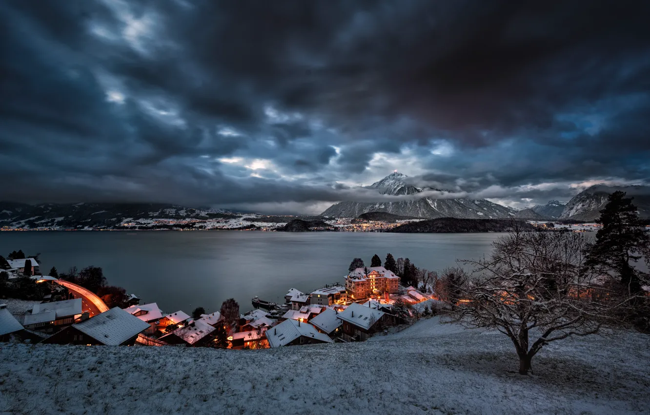 Photo wallpaper winter, clouds, mountains, night, lake, tree, home, Switzerland