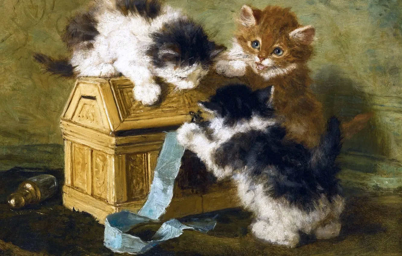 Photo wallpaper picture, kitty, three, Henrietta Ronner-Knipe, Henriette Ronner-Knip, The Belgian artist, Three kittens with a box …