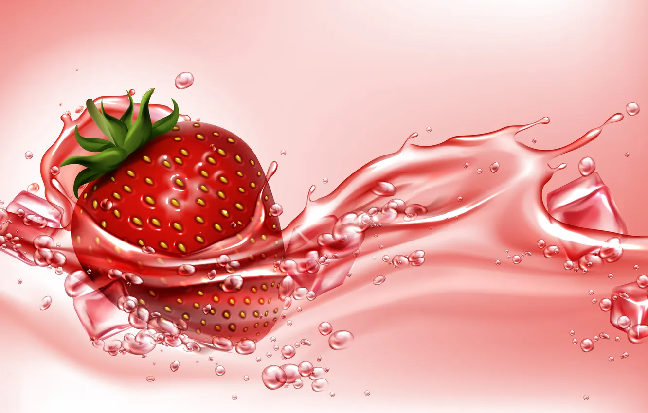 Photo wallpaper water, drops, squirt, berries, liquid, strawberry, pink
