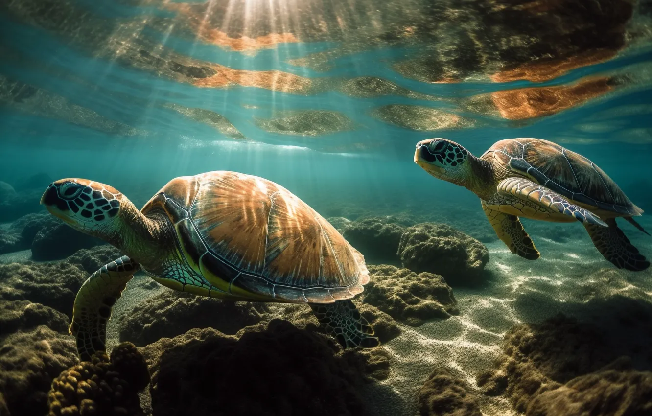 Photo wallpaper sea, the ocean, turtle, underwater world, sea turtle, sea turtles, AI art, neural network