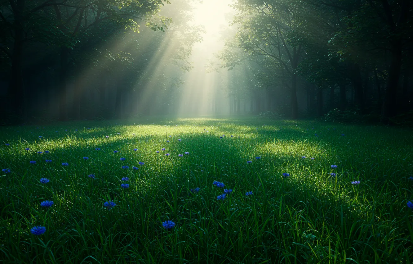 Photo wallpaper forest, grass, the sun, glade, haze, grass, forest, sun