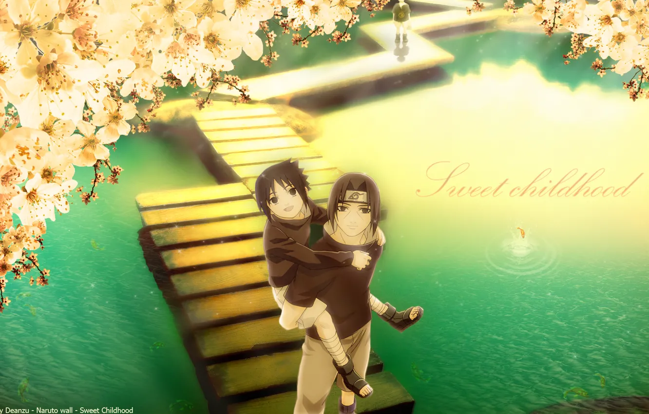 Photo wallpaper fish, happiness, pond, Sakura, brothers, Naruto, flowering, bridges