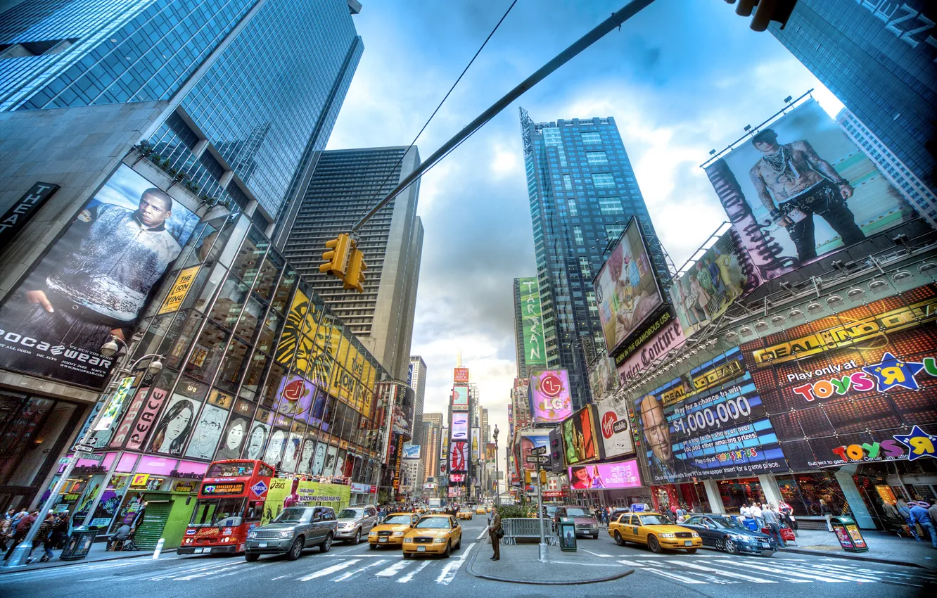 Photo wallpaper machine, people, New York, crossroads, skyscrapers