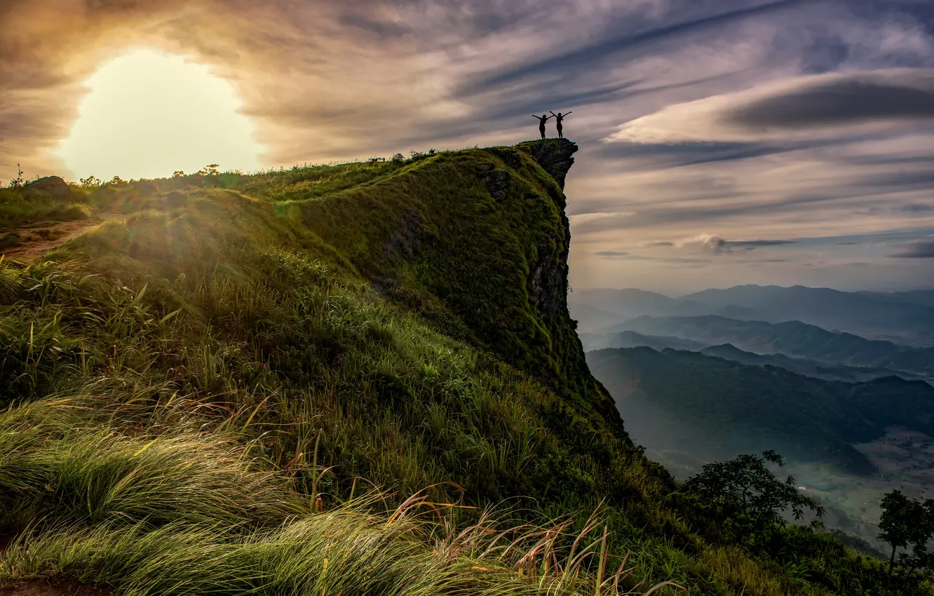 Photo wallpaper the sky, girl, the sun, clouds, landscape, sunset, mountains, nature