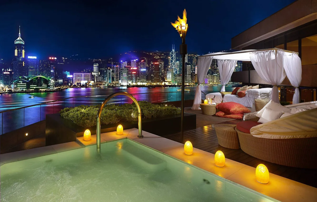 Photo wallpaper night, nature, the city, river, bed, skyscrapers, pool, the hotel
