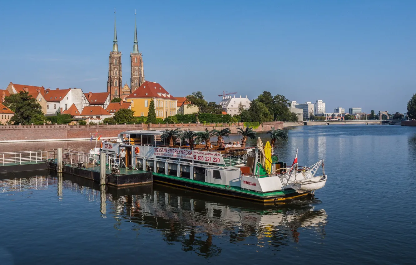 Photo wallpaper river, building, Poland, court, Wroclaw