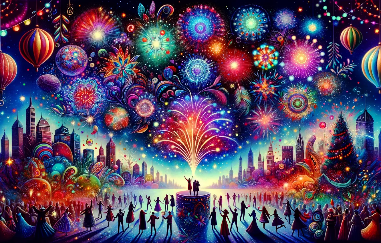 Photo wallpaper night, the city, lights, the dark background, holiday, graphics, building, new year