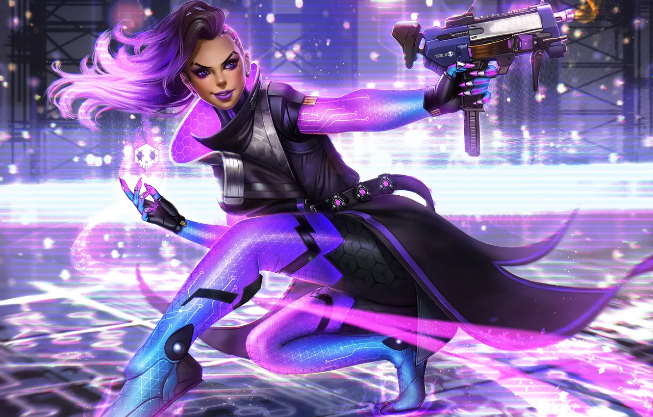 Photo wallpaper girl, gun, blizzard, art, Overwatch, Machine Pistol, Sombra