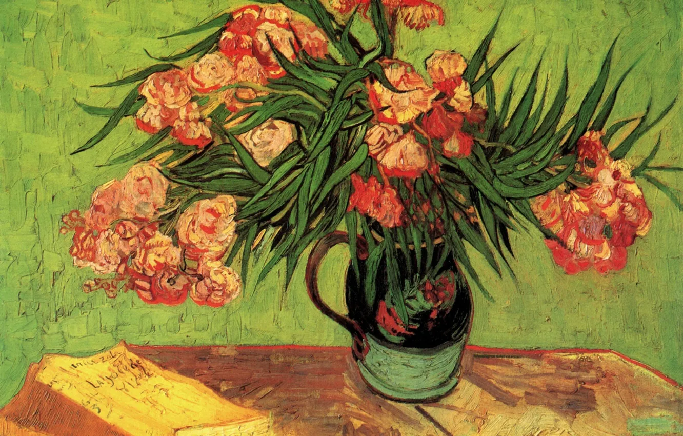 Photo wallpaper roses, book, vase, table, Vincent van Gogh, with Oleanders and Books, Still Life Vase