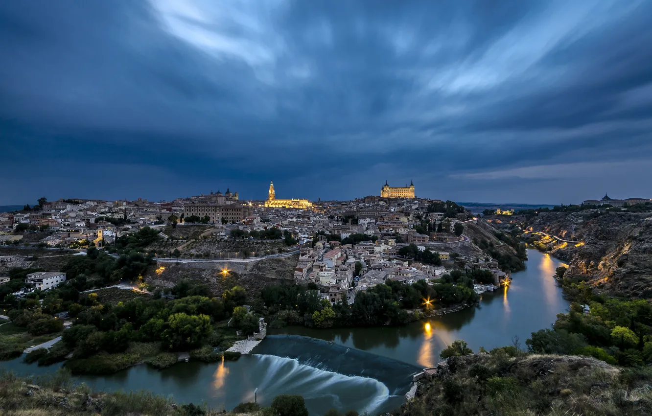 Photo wallpaper the sky, clouds, night, lights, river, home, Spain, Toledo