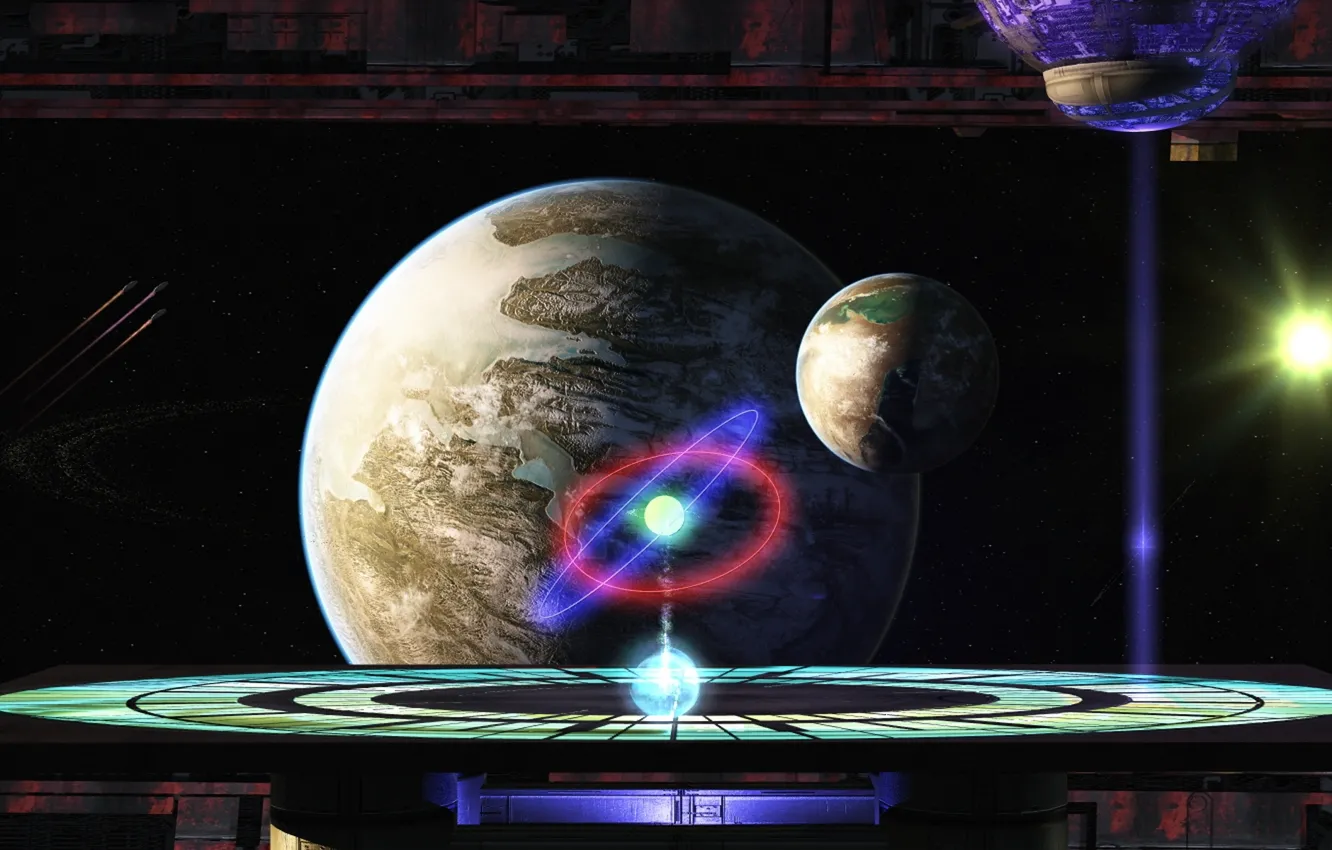 Photo wallpaper the sun, space, stars, planet, satellite, orbit, stars, planets