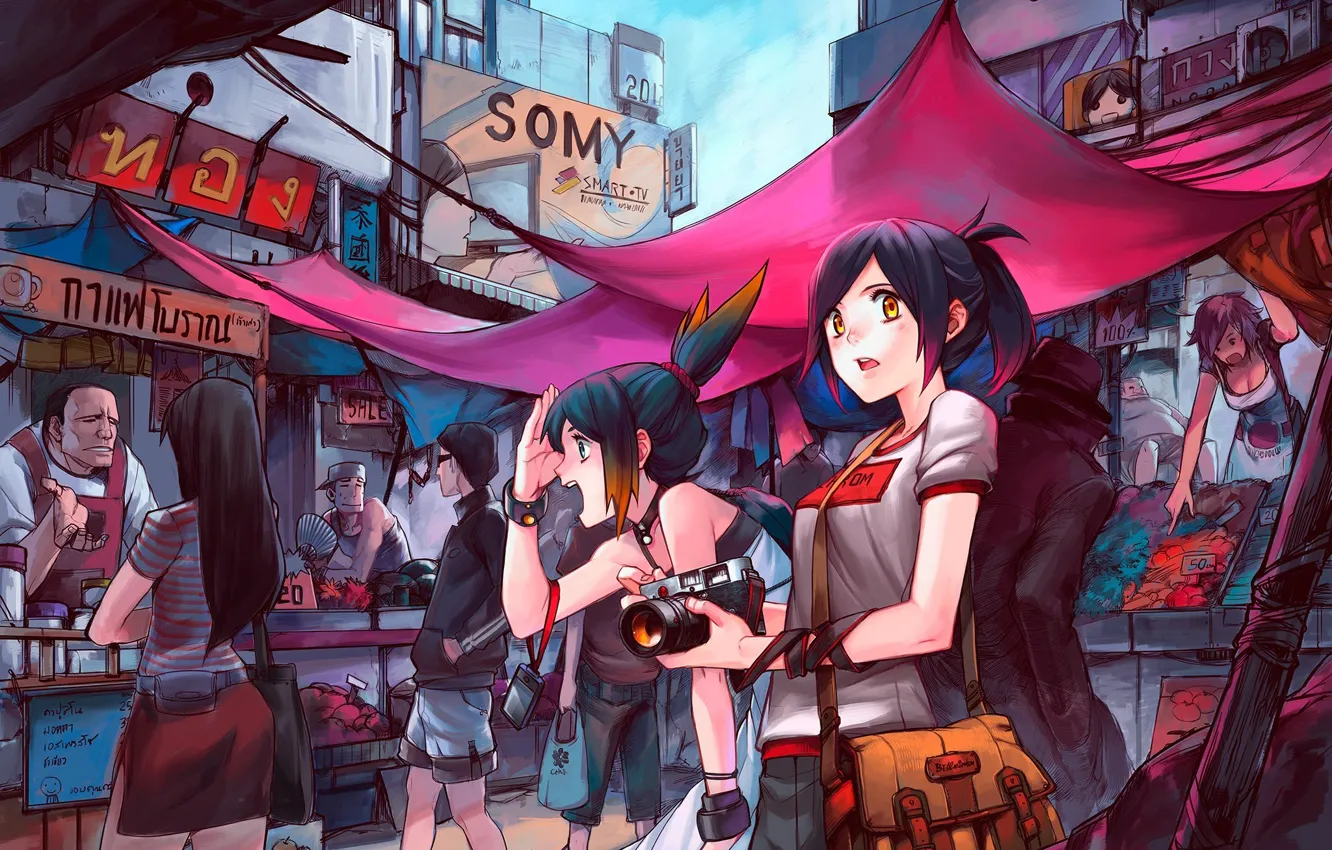 Photo wallpaper look, the city, smile, people, girls, the camera, blush, bag