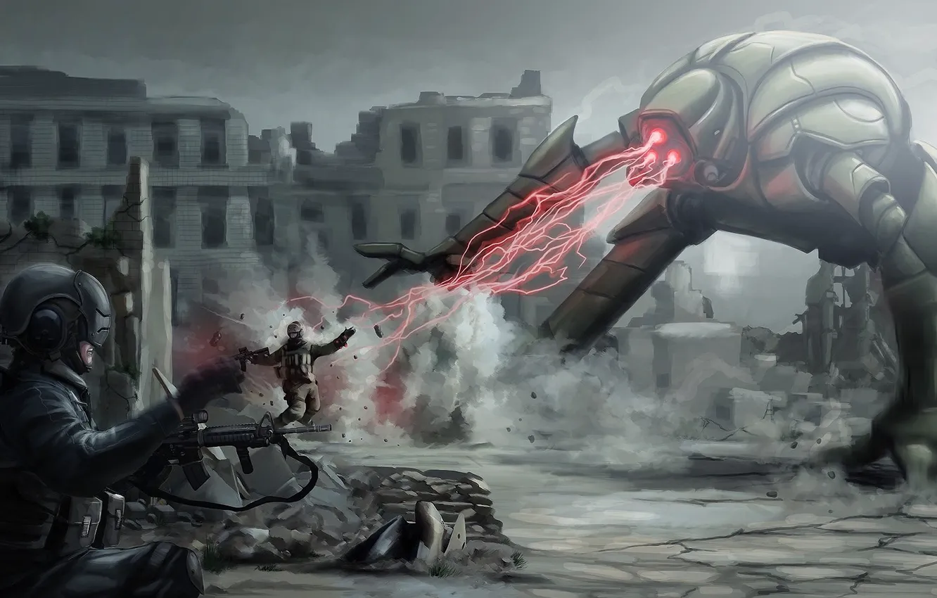 Photo wallpaper rays, weapons, smoke, robot, monster, art, soldiers, machine