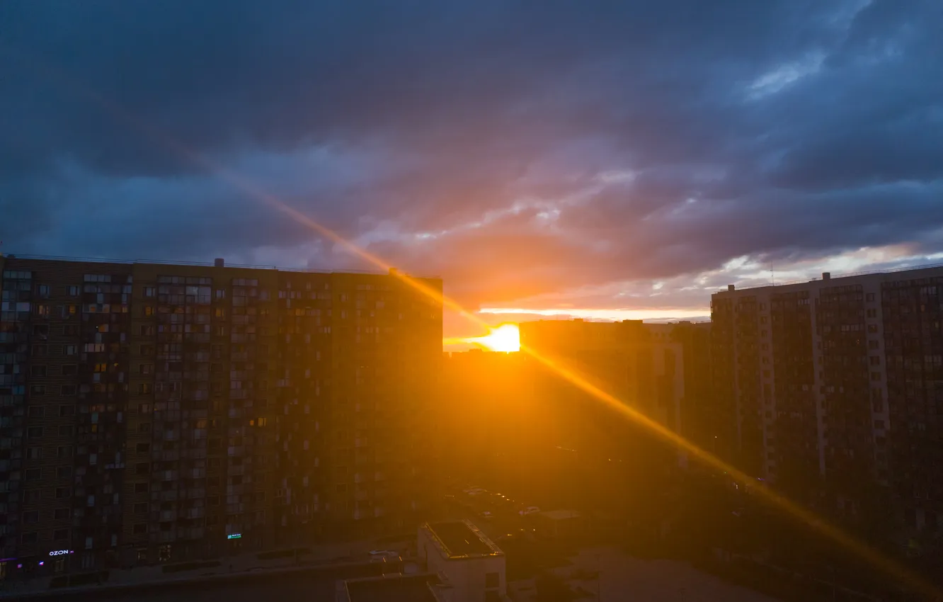 Photo wallpaper the sky, the sun, sunset, clouds, overcast, building, home, the evening