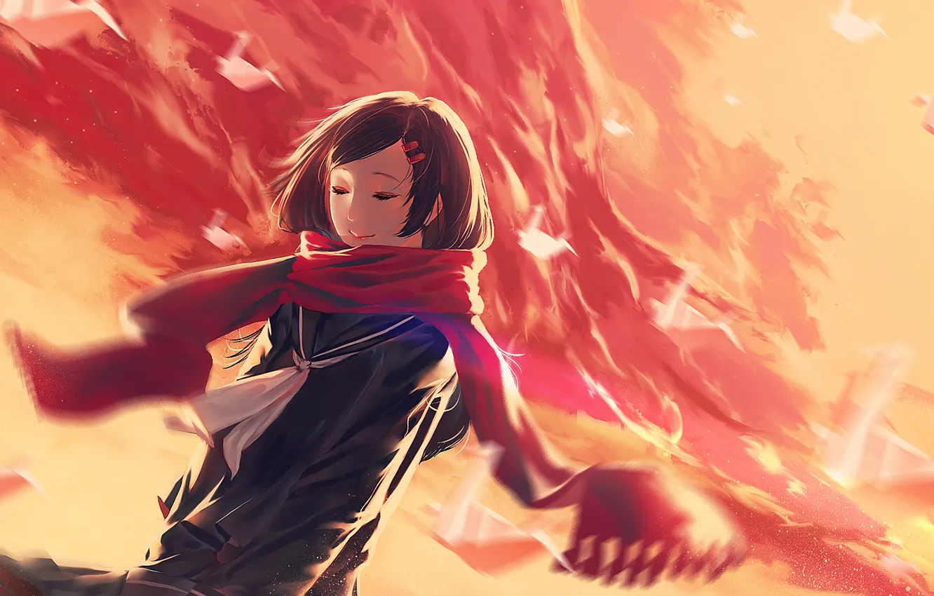 Photo wallpaper girl, sunset, smile, the wind, scarf, art, karasu-san, kagerou project