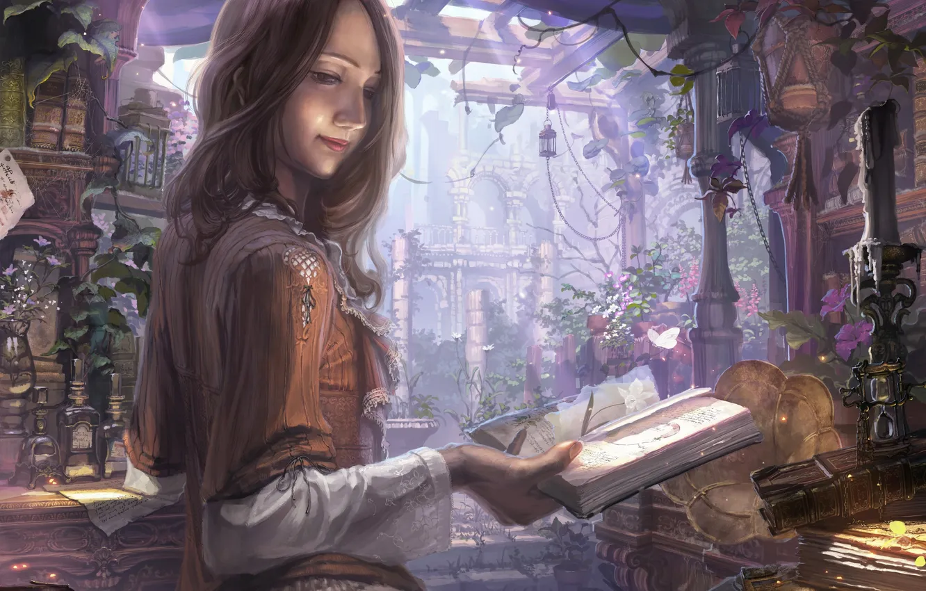 Photo wallpaper girl, flowers, bubbles, butterfly, candles, art, book, gramophone