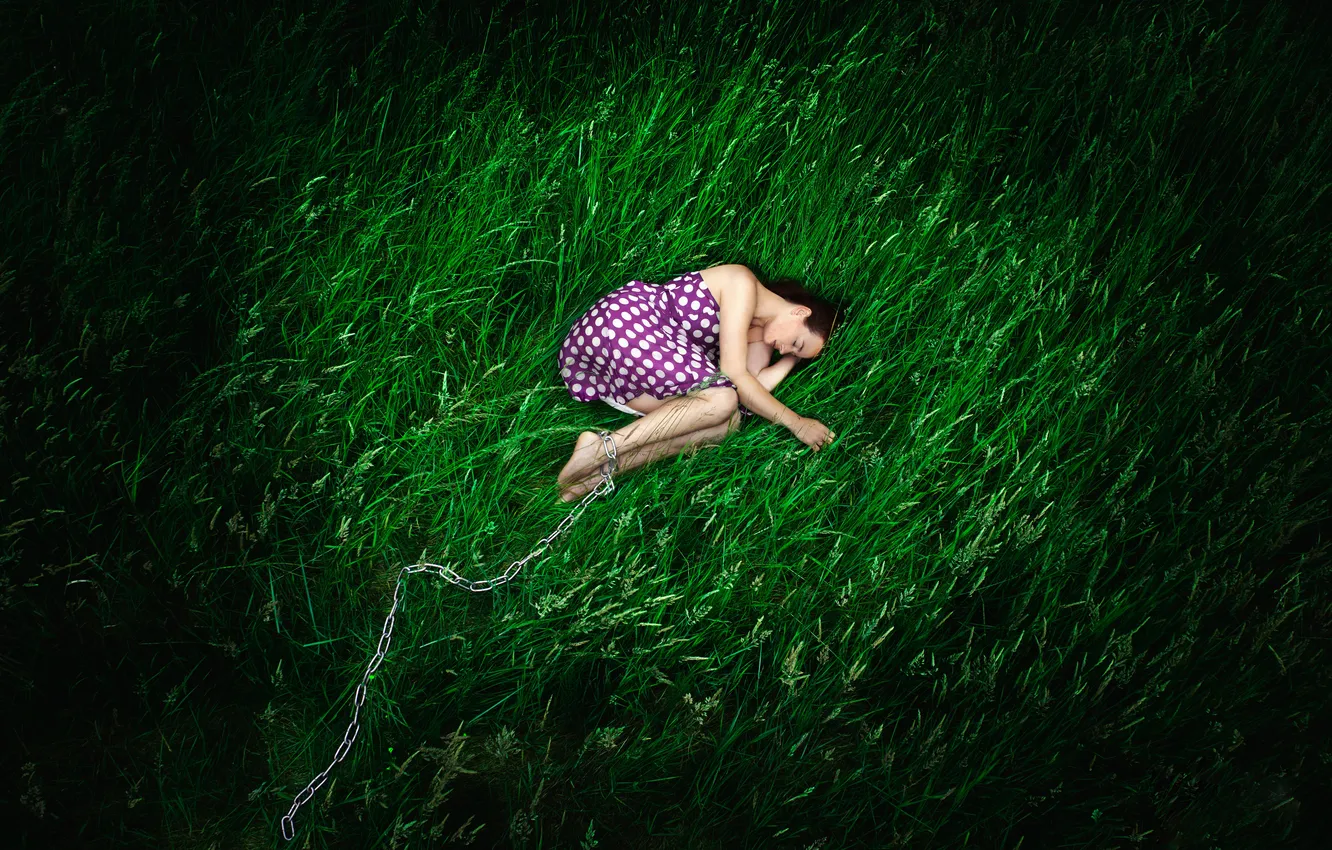 Photo wallpaper grass, girl, sleep, chain, brown hair