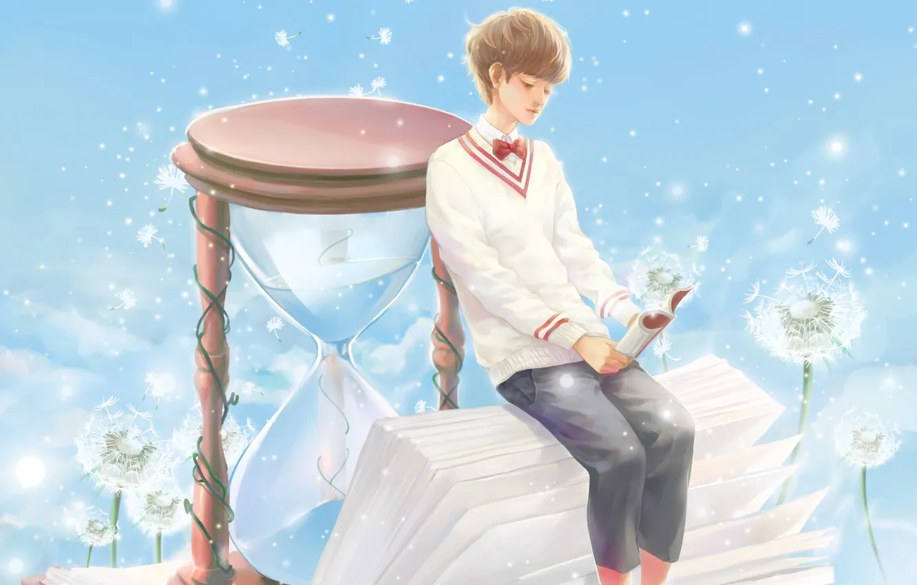 Photo wallpaper dandelion, book, guy, hourglass