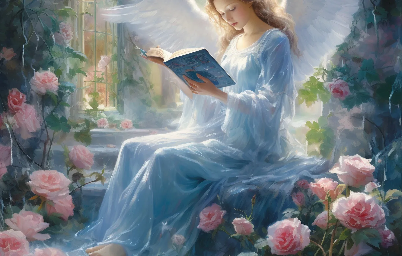 Photo wallpaper Flowers, Girl, Book, Angel, Hair, Wings, Digital art, AI art