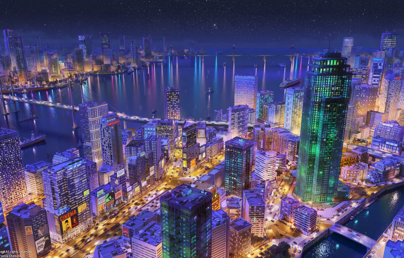 Photo wallpaper road, machine, night, bridge, city, the city, river, transport