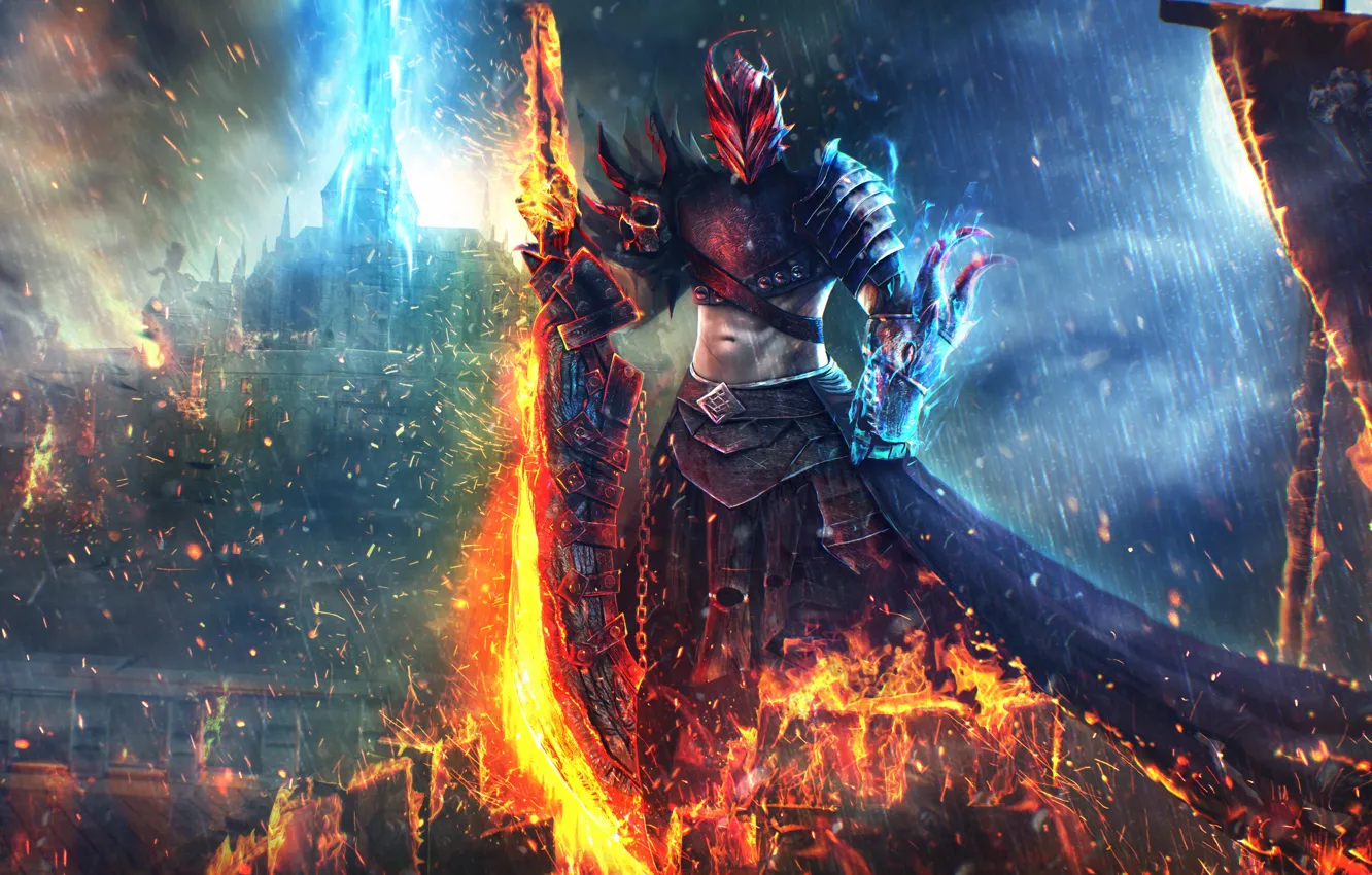 Photo wallpaper fire, sword, Guild Wars 2, art, Dragonhunter