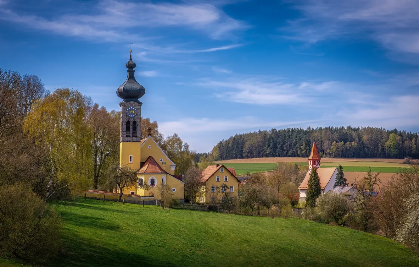 Photo wallpaper forest, landscape, nature, home, spring, Germany, Bayern, Church