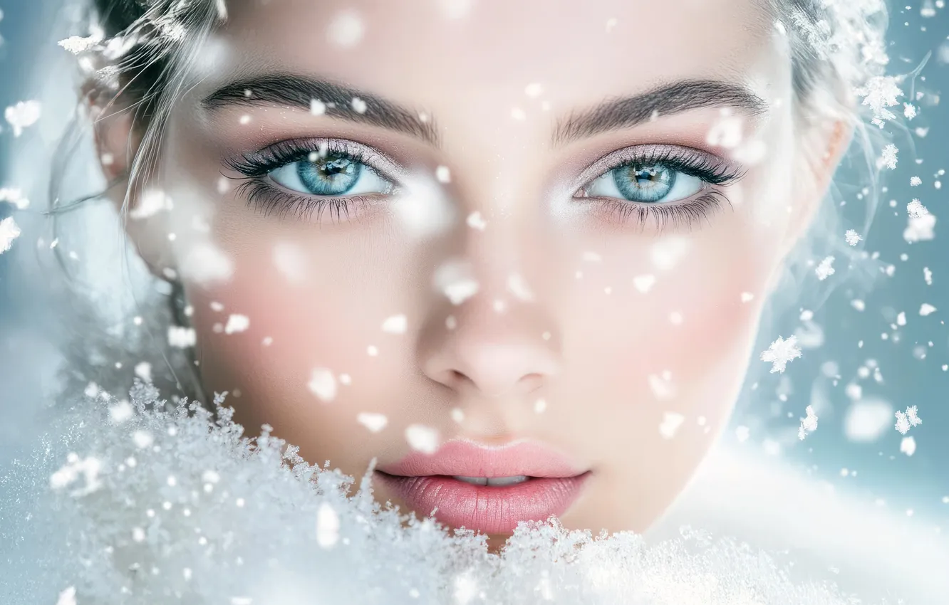Photo wallpaper winter, frost, look, girl, snow, face, winter, portrait