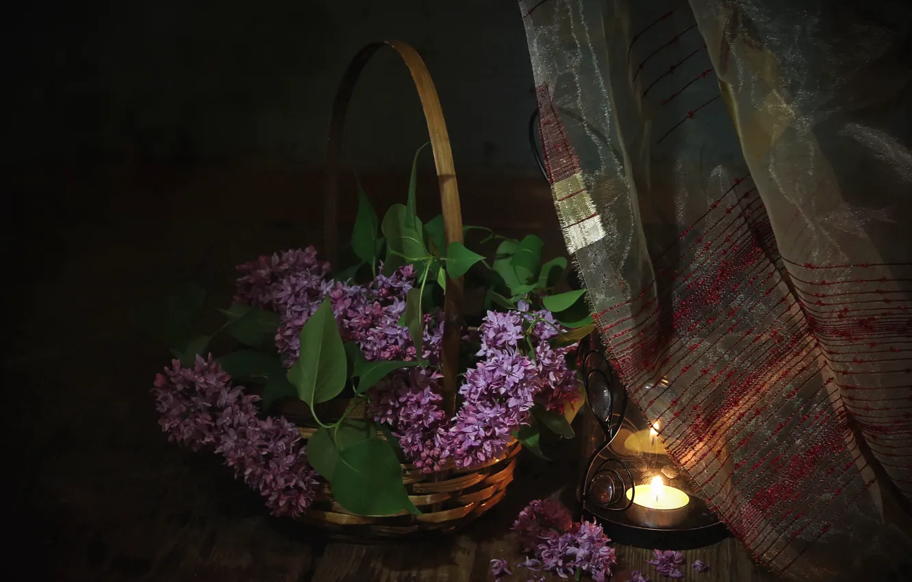 Photo wallpaper basket, candles, lilac, tulle