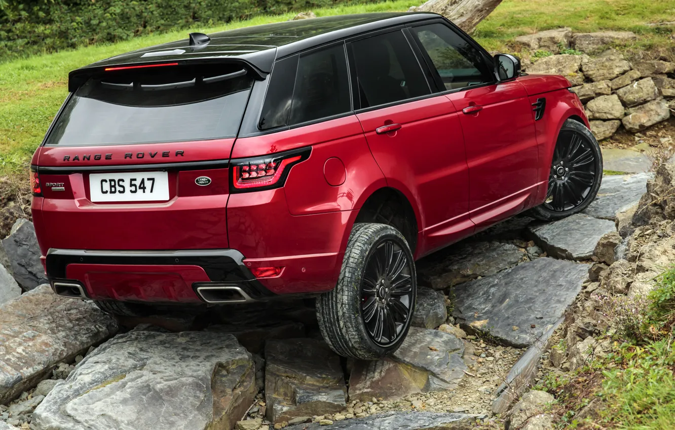 Photo wallpaper stones, vegetation, SUV, Land Rover, side, feed, black and red, four-door