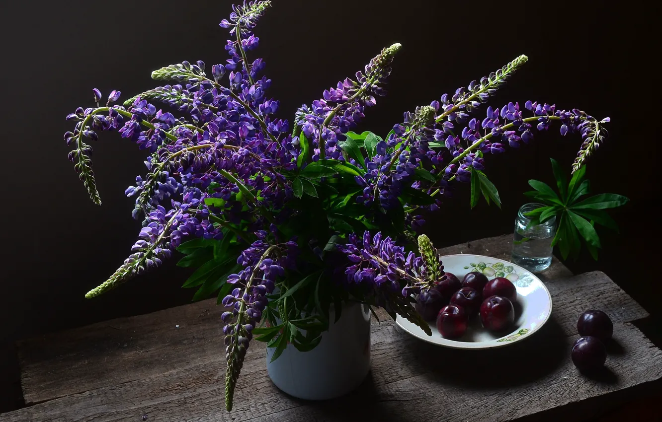 Photo wallpaper bouquet, plum, lupins