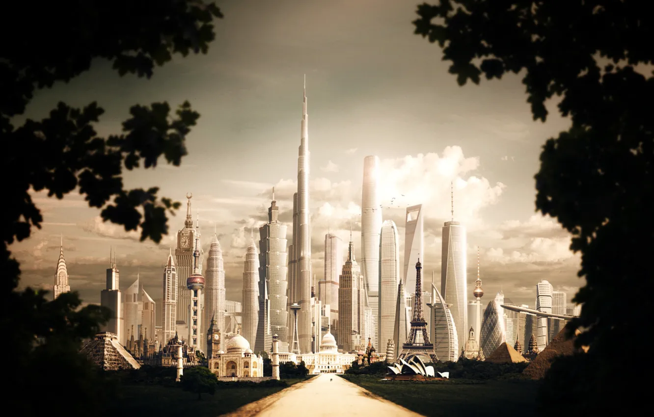 Photo wallpaper road, the sky, clouds, the city, building, tower, megapolis