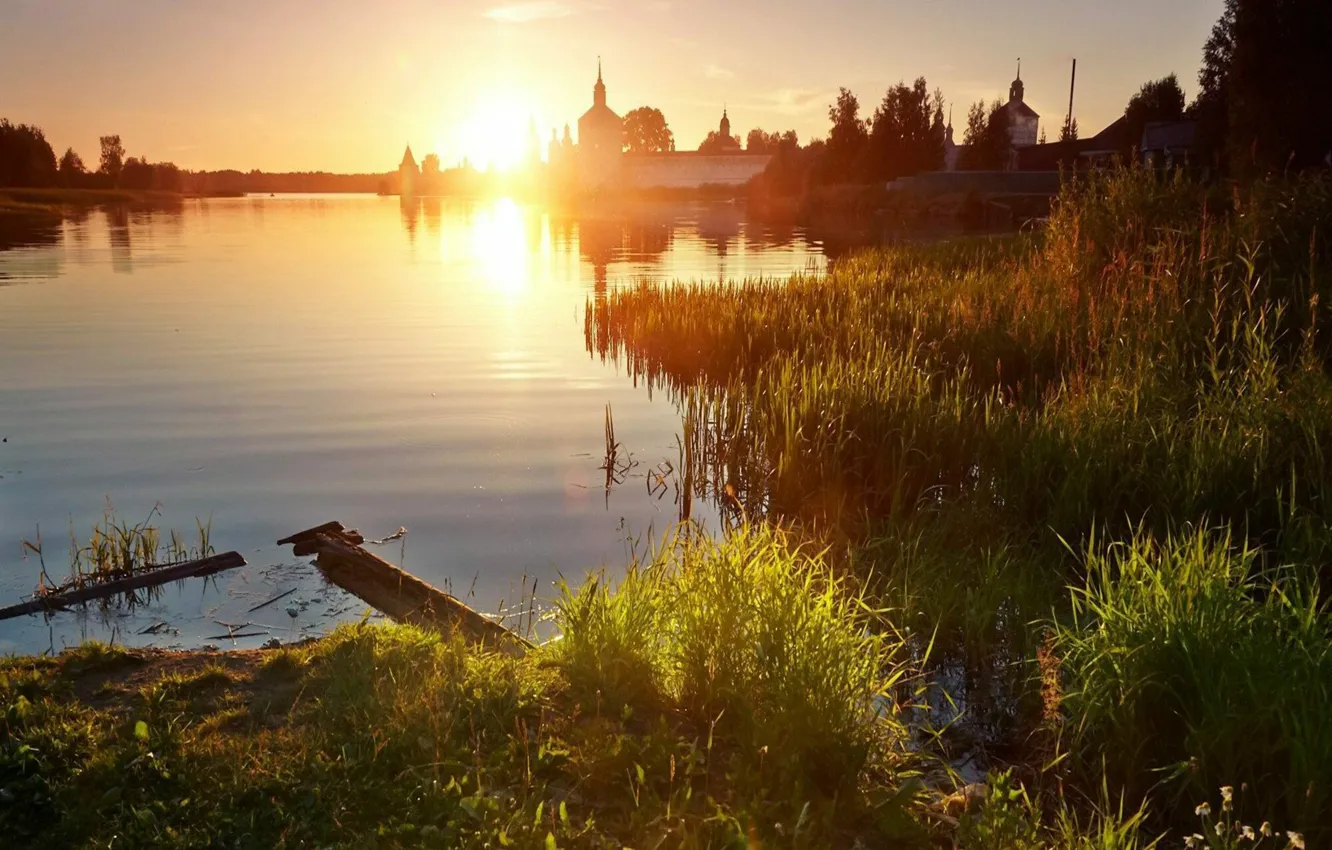 Photo wallpaper the sun, sunset, nature, river, beauty