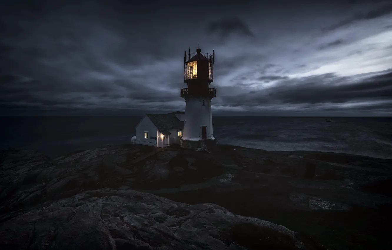 Photo wallpaper night, lighthouse, Norway, Vest-Agder, Venture
