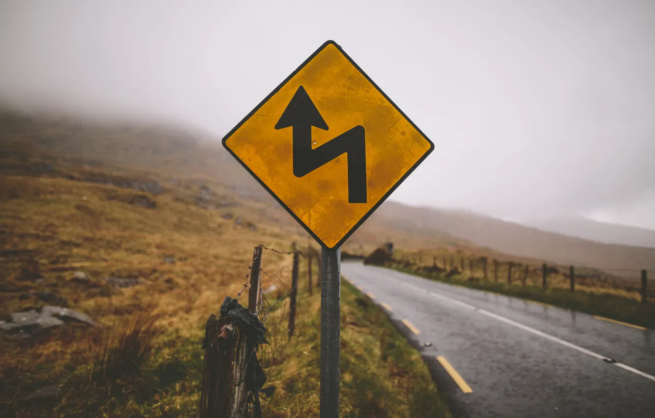Photo wallpaper road, mountains, fog, sign, the fence, the countryside, rainy